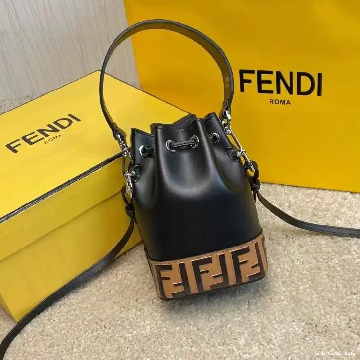 Cheap Bag Mini Fendi Tresor Motif Bucket In Leather Mon Black Calf FF Brown 0413